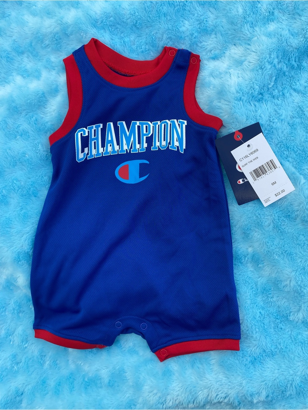 Champion Blue Baby Tank Romper with Red Trim